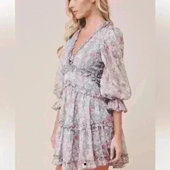 Saints & Secrets GREY ORANGE MULTI-COLOR FLORAL PRINT V-NECK RUFFLE DRES… - Picture 4 of 9